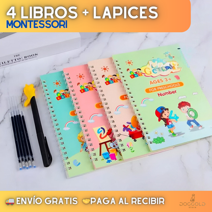 📙 Kit 4 cuadernos Caligrafía MONTESSORI® + 5 lápices mágicos + Regalo Sorpresa