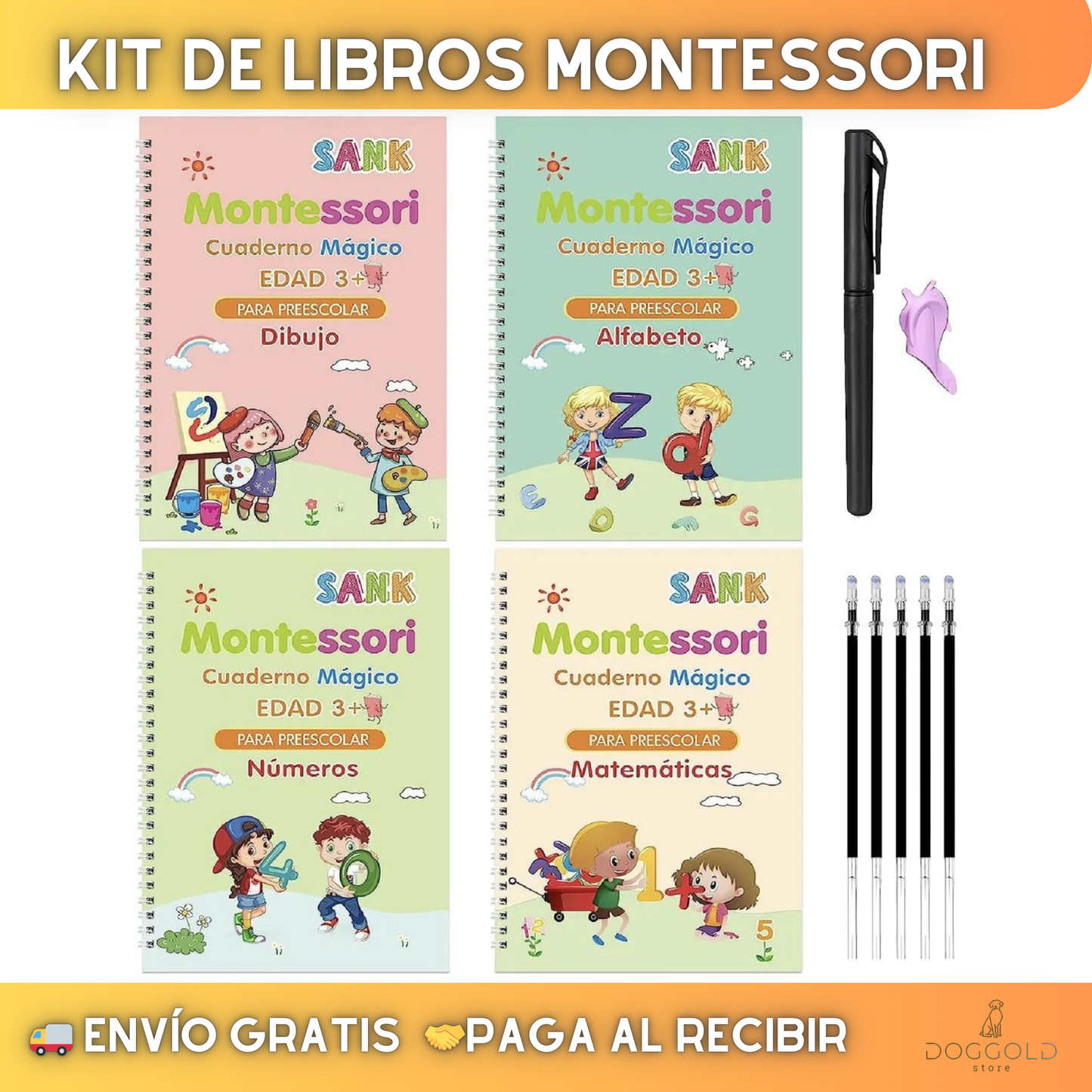 📙 Kit 4 cuadernos Caligrafía MONTESSORI® + 5 lápices mágicos + Regalo Sorpresa